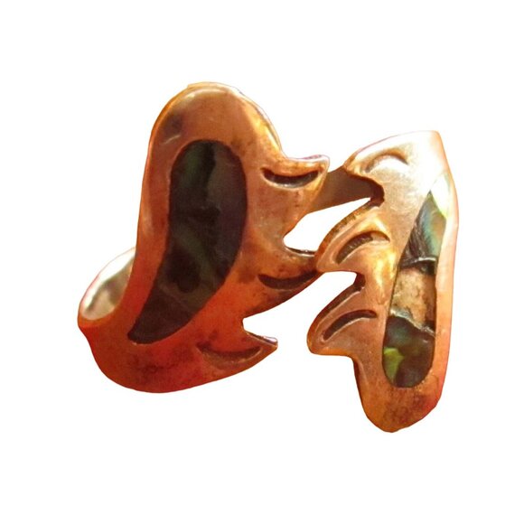 Vintage Sterling Silver & Abalone Inlay Adjustable Ring Taxco sz 12 Hippy Boho - Picture 2 of 8